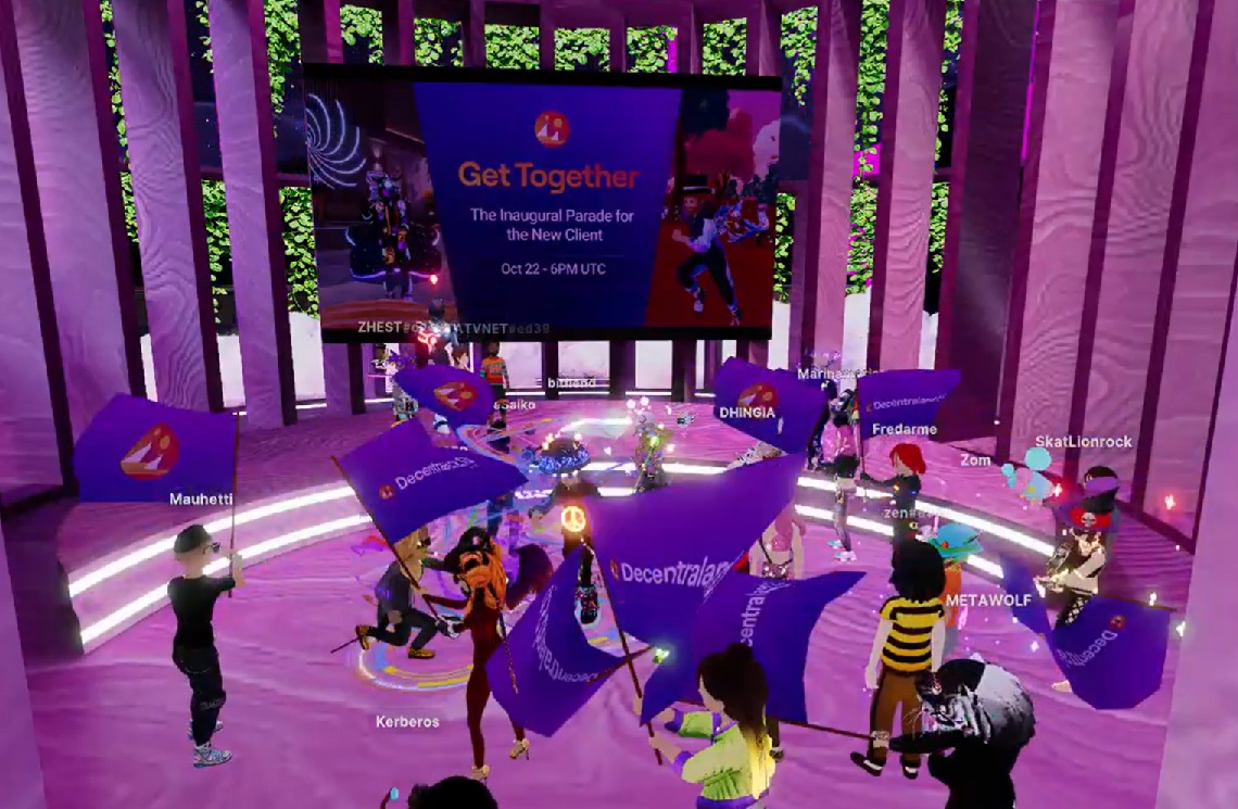 mage oa a group of virtual People, dancing in front of a bis Screen in Decentraland